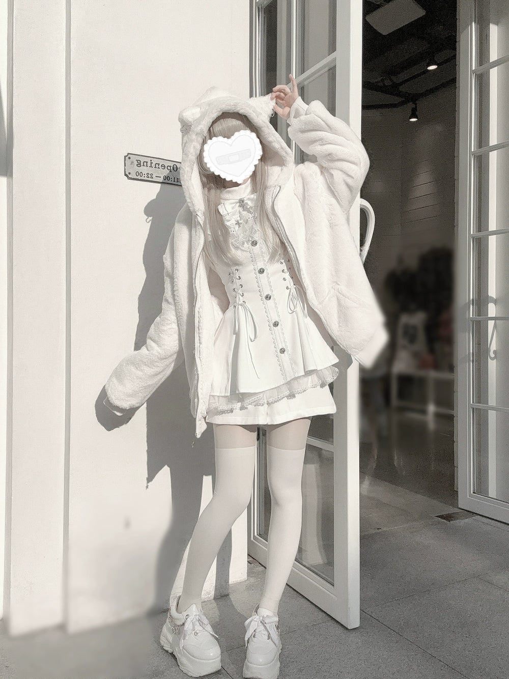 Subculture Winter Plush Coat, Cat Ear Hood (White / Regular Thickened) 44193:801971
