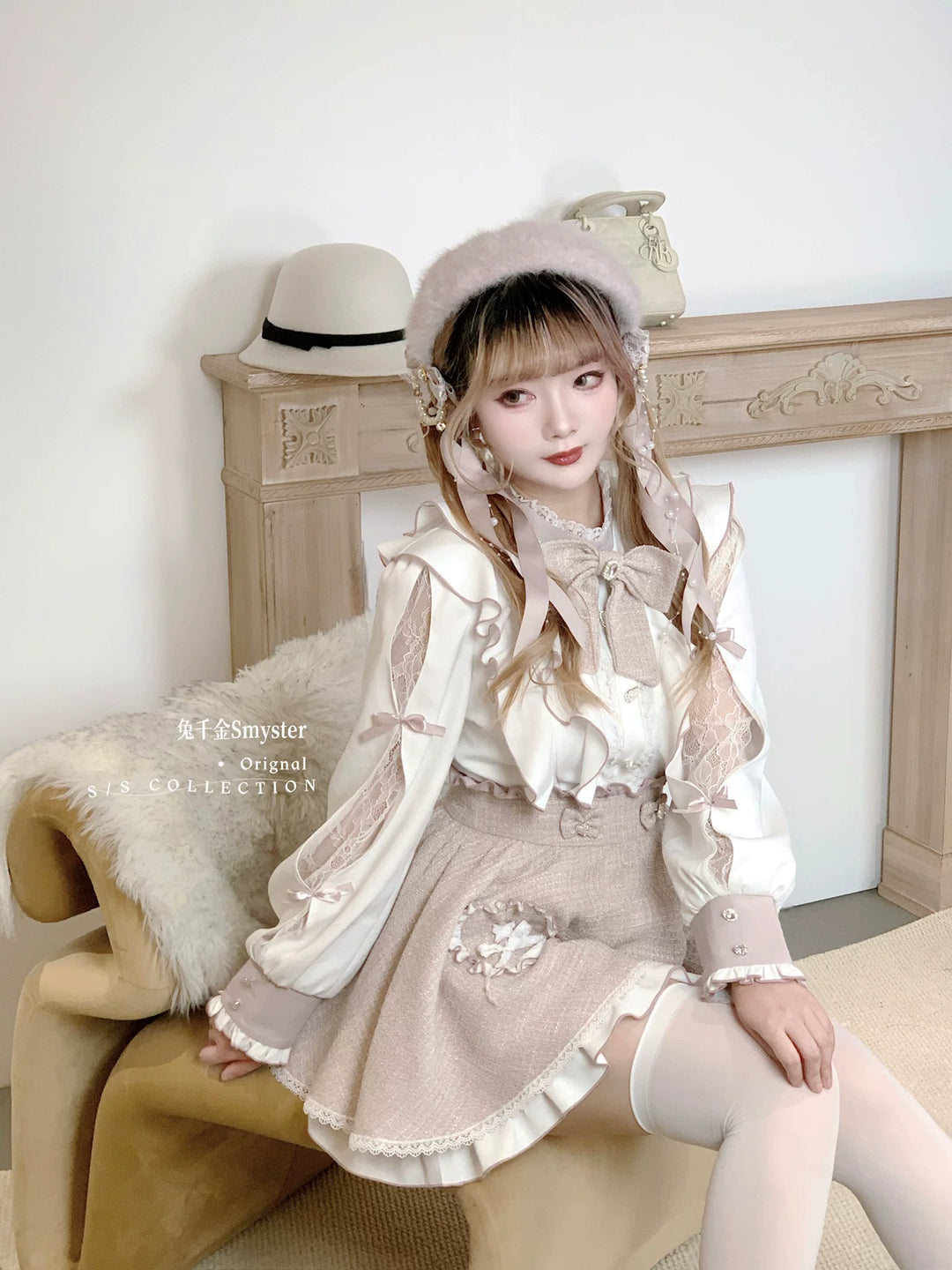 Pink and White Ryousangata Tweed Dress, Elastic Shorts 44755:825266