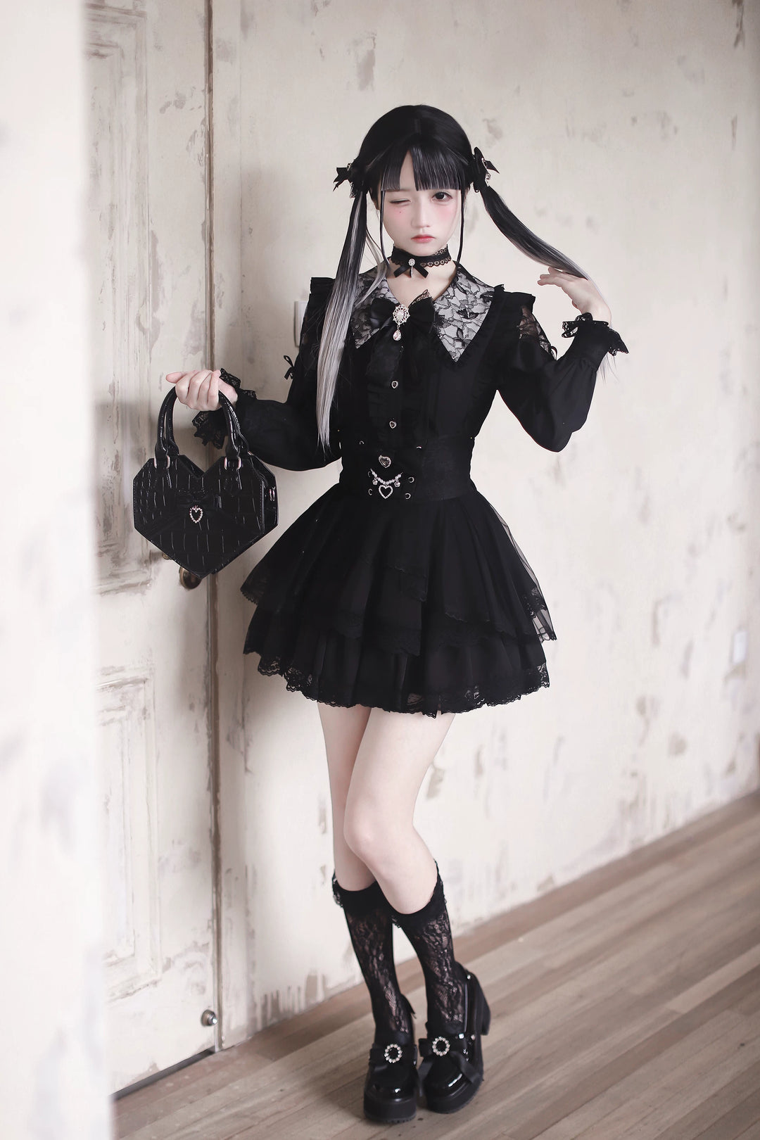 Jirai Kei Long Sleeve Blouse, Lace Open-Shoulder 44588:815040