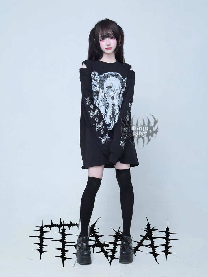 Gothic Long Sleeve Tee, Anime Print and Zipper Shoulder 44521:812651