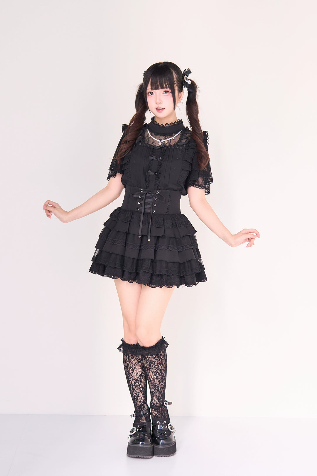 Jirai Kei Pearl Necklace Blouse, Lace-up Cake Skirt Set 43019:765668