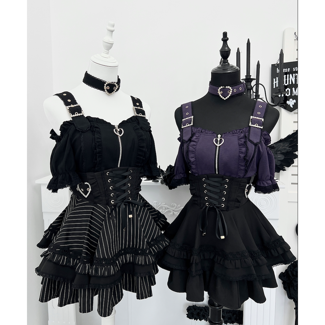 Jirai Kei Open Shoulder Shirt Outfit, Multiple Colors 43500:778032