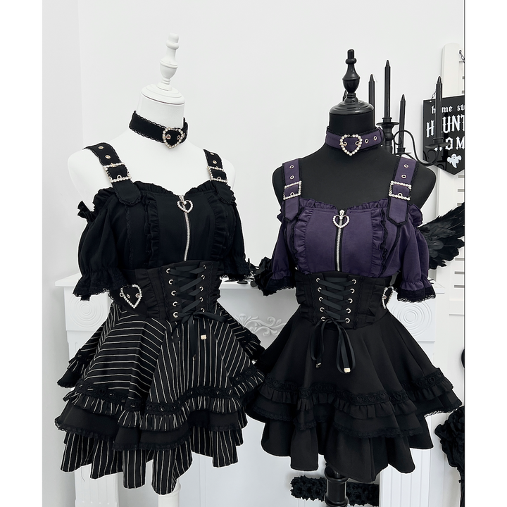 Jirai Kei Open Shoulder Shirt Outfit, Multiple Colors 43500:778032