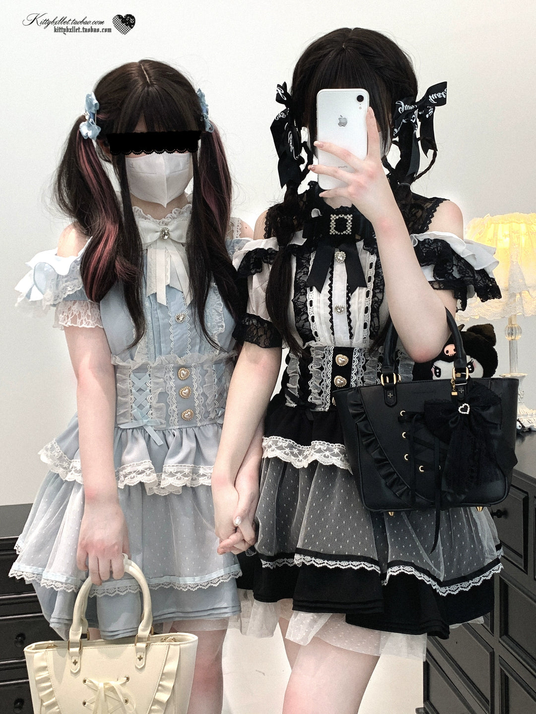 Lace Open Shoulder Jirai Kei Blouse, Heart Rhinestone 43692:783118