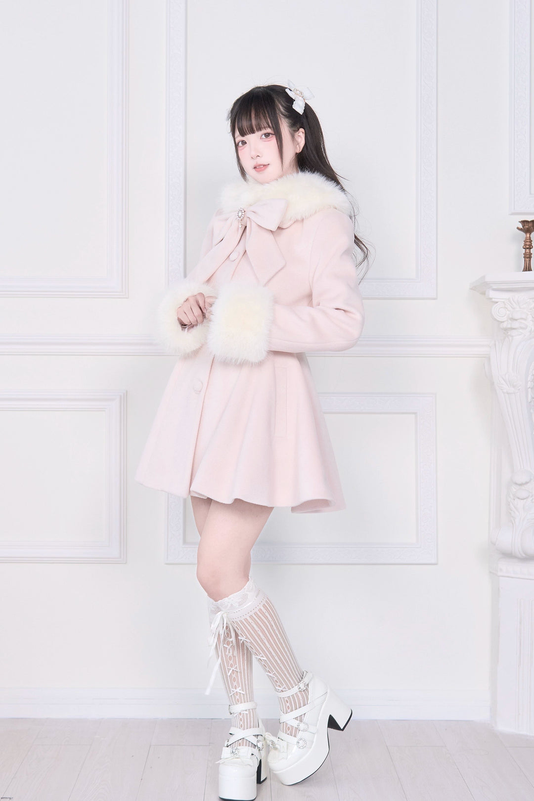 Jirai Kei Winter Coat, Faux Fur Trim, Detachable Cape 44066:794452