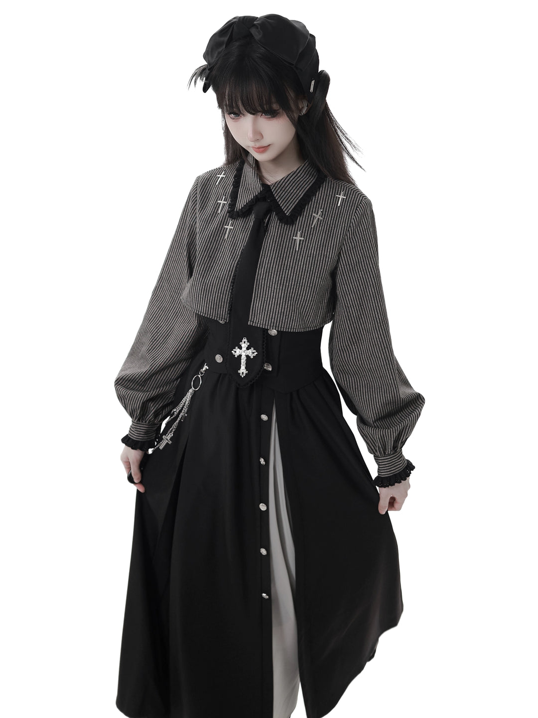 Gothic Striped Blouse, Black Skirt Set 44172:800251