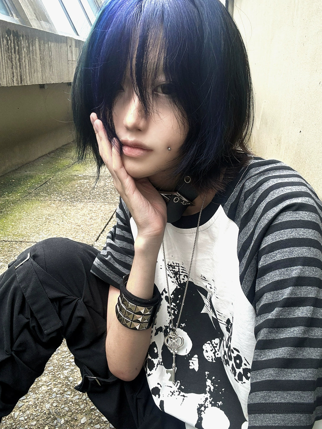 Cotton Subculture T-shirt, Gothic Skull & Leopard Heart Print 43225:771685