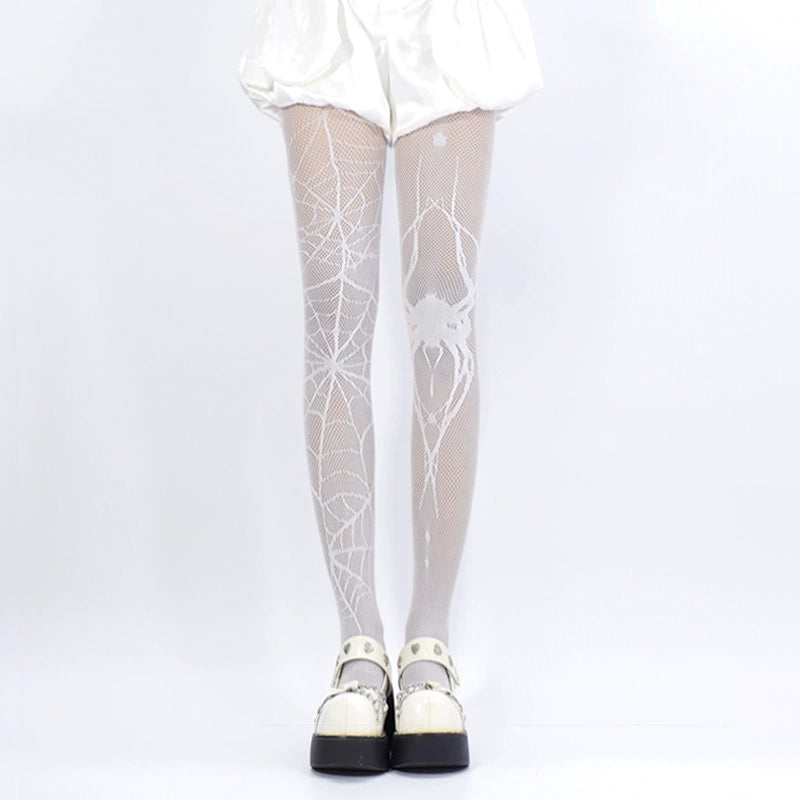 Gothic Fishnet Tights, Spiderweb and Spider Design (White) 44087:794821