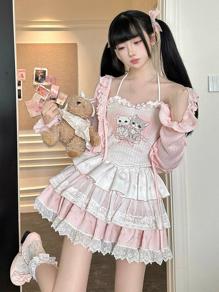 Ryousangata Skirt Set Pink Cardigan White Straps Top 37008:548380 37008:548380