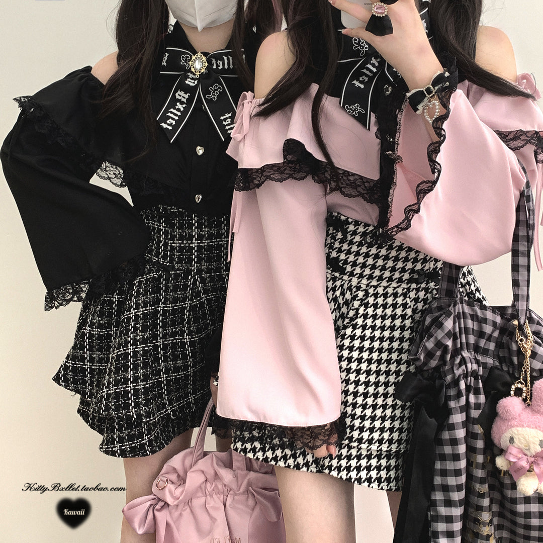 Open Shoulder Jirai Kei Blouse with Lace Trim & Princess Sleeves 42618:747011