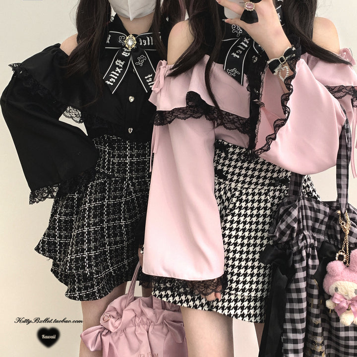 Open Shoulder Jirai Kei Blouse with Lace Trim & Princess Sleeves 42618:747011