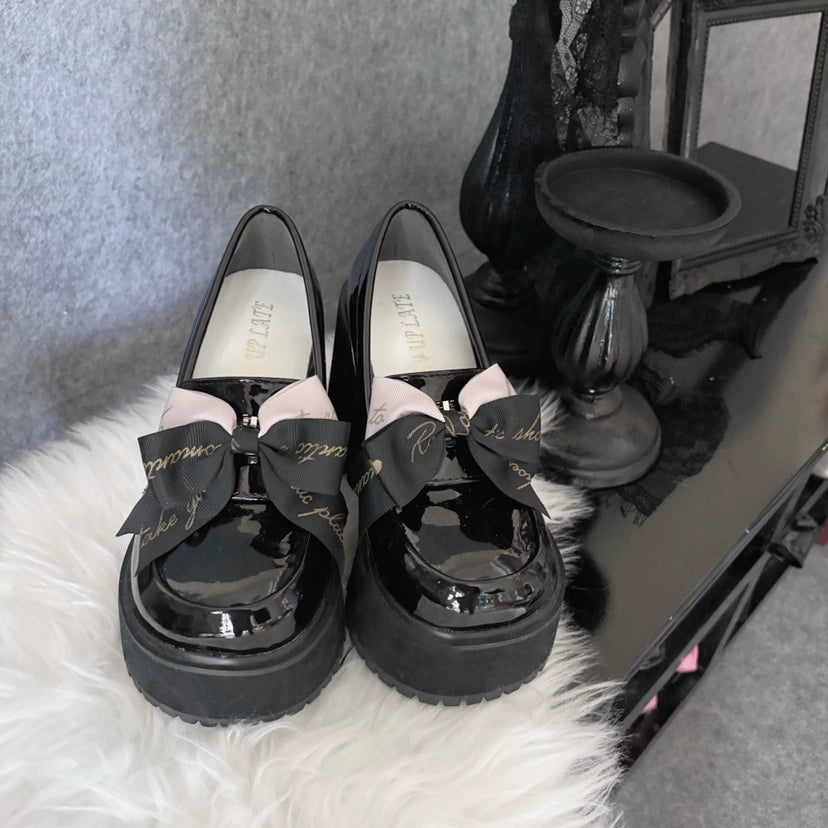 Black Jirai Kei Shoes Lolita High Heels Bowknot Platform Shoes 38146:581012