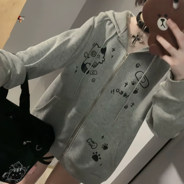Kawaii Cat Ear Hooded Jacket, Bandage & Fishbone Print 43324:774184