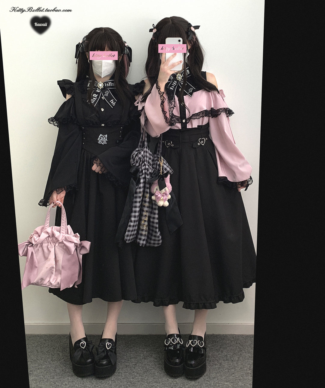 Open Shoulder Jirai Kei Blouse with Lace Trim & Princess Sleeves 42618:747004