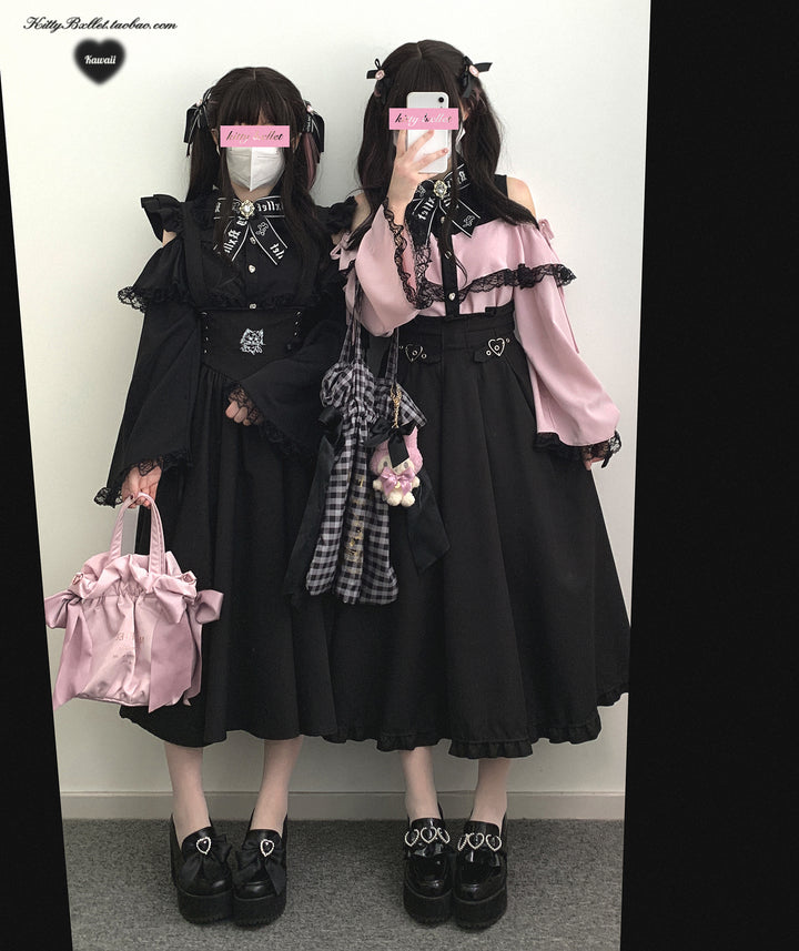 Open Shoulder Jirai Kei Blouse with Lace Trim & Princess Sleeves 42618:747004