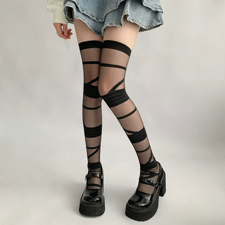 Lolita Socks Y2K Thigh-high Socks Straps White Black Silk 36616:522454 36616:522454