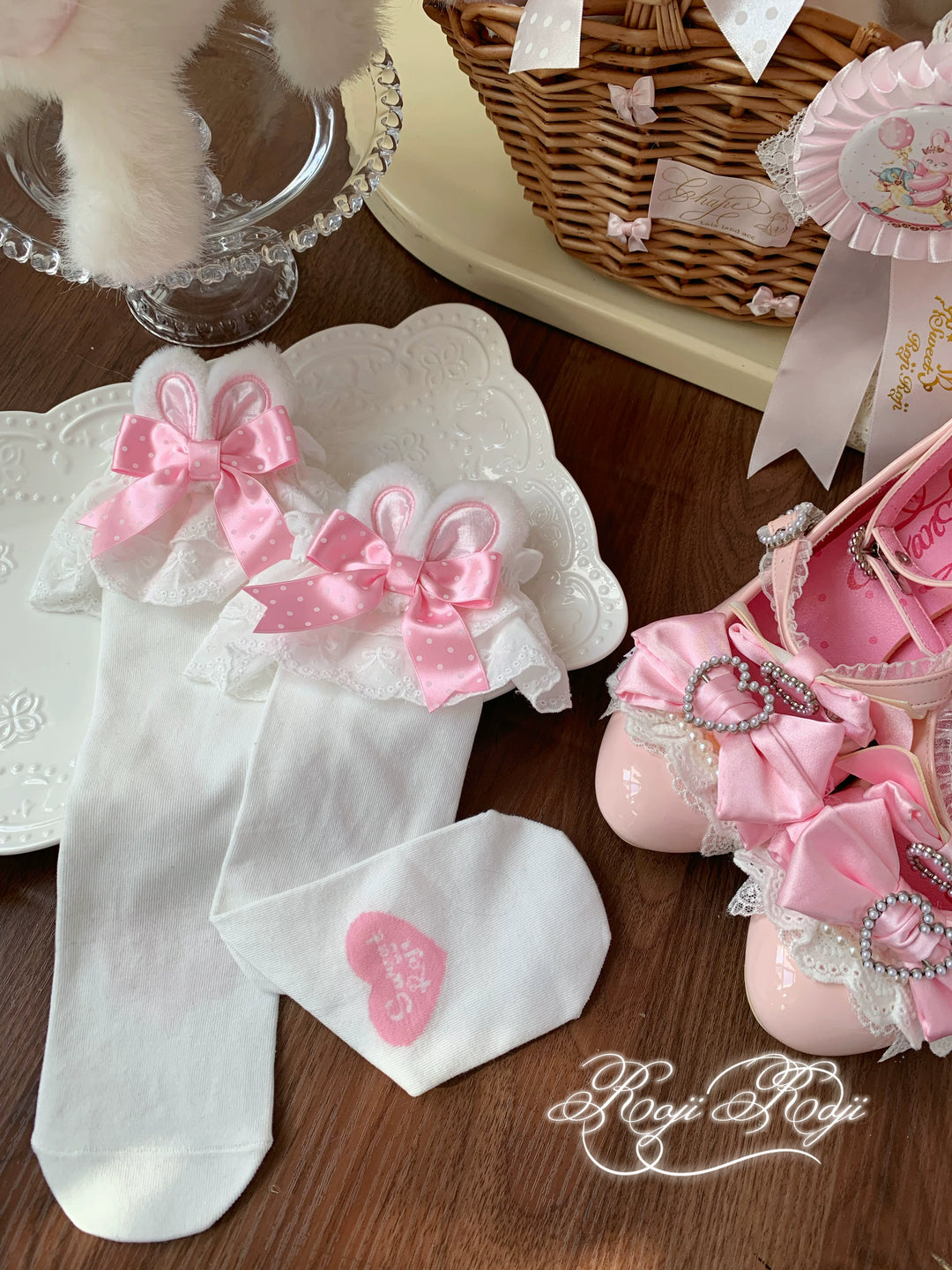 Sweet Lolita Mid-Calf Cotton Socks, Bunny Ears, Polka Dots 44712:819612