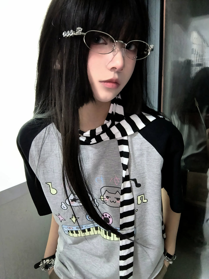 Kawaii Cat Print Shirt Cotton Short Sleeve T-shirt 35688:499384 35688:499384