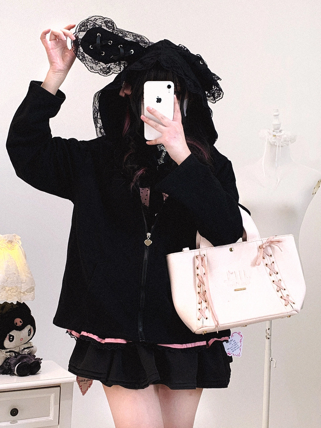 Kawaii Zipper Closure Jacket, Lace Bunny Ear (Black) 44002:792504