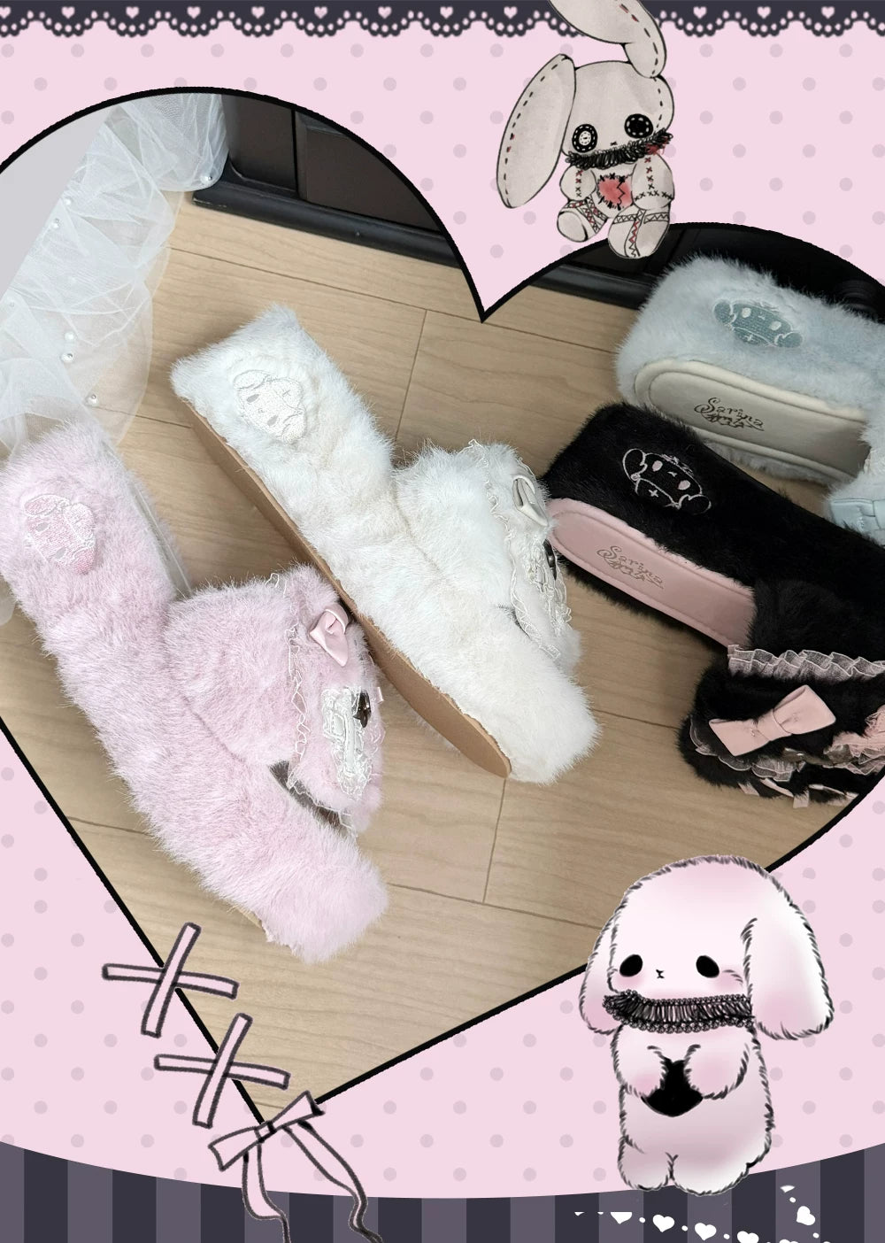 Jirai Kei Platform Wedge Slippers, Bunny Ears & Cross 46071:875419