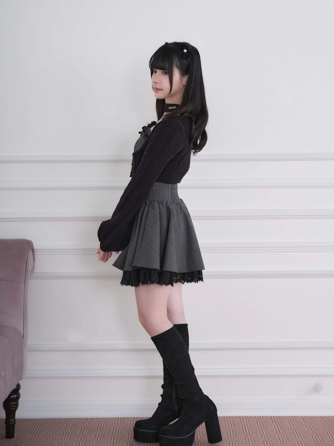 Ryousangata Plaid Dress & Knit Sweater Set, Choker-Neck 46032:873327