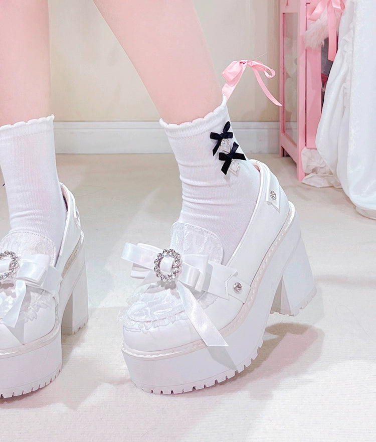 Jirai Kei Shoes Bow Tie Rhinestone Platforms High-heel Shoes 38516:590862