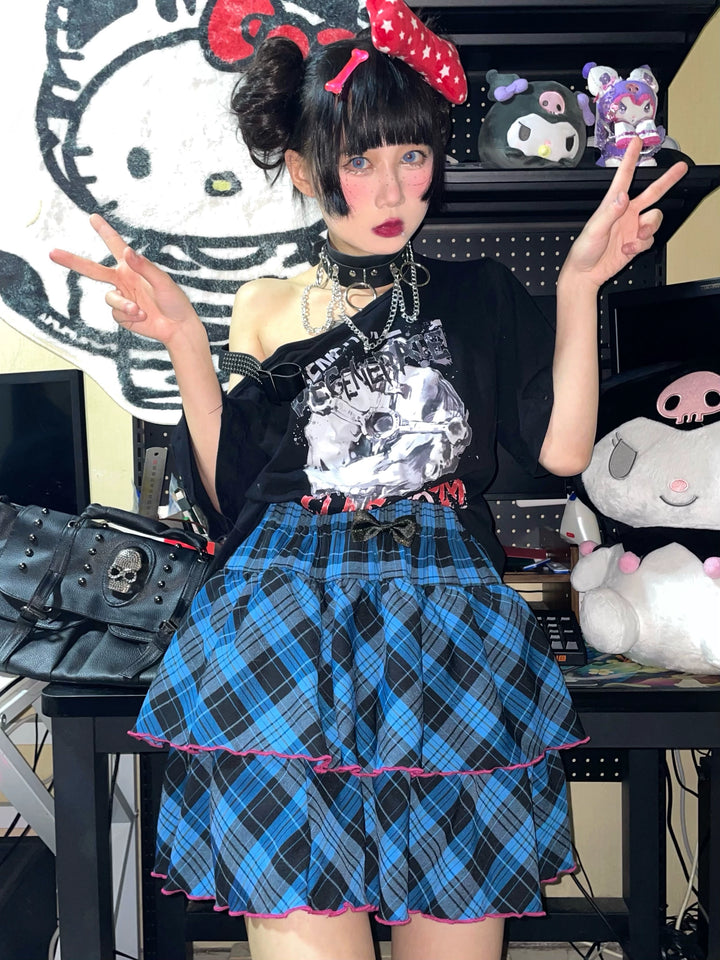 Punk Plaid Skirt Pink Blue Skirt Bow Layered Ruffle Skirt 33818:445944 33818:445944