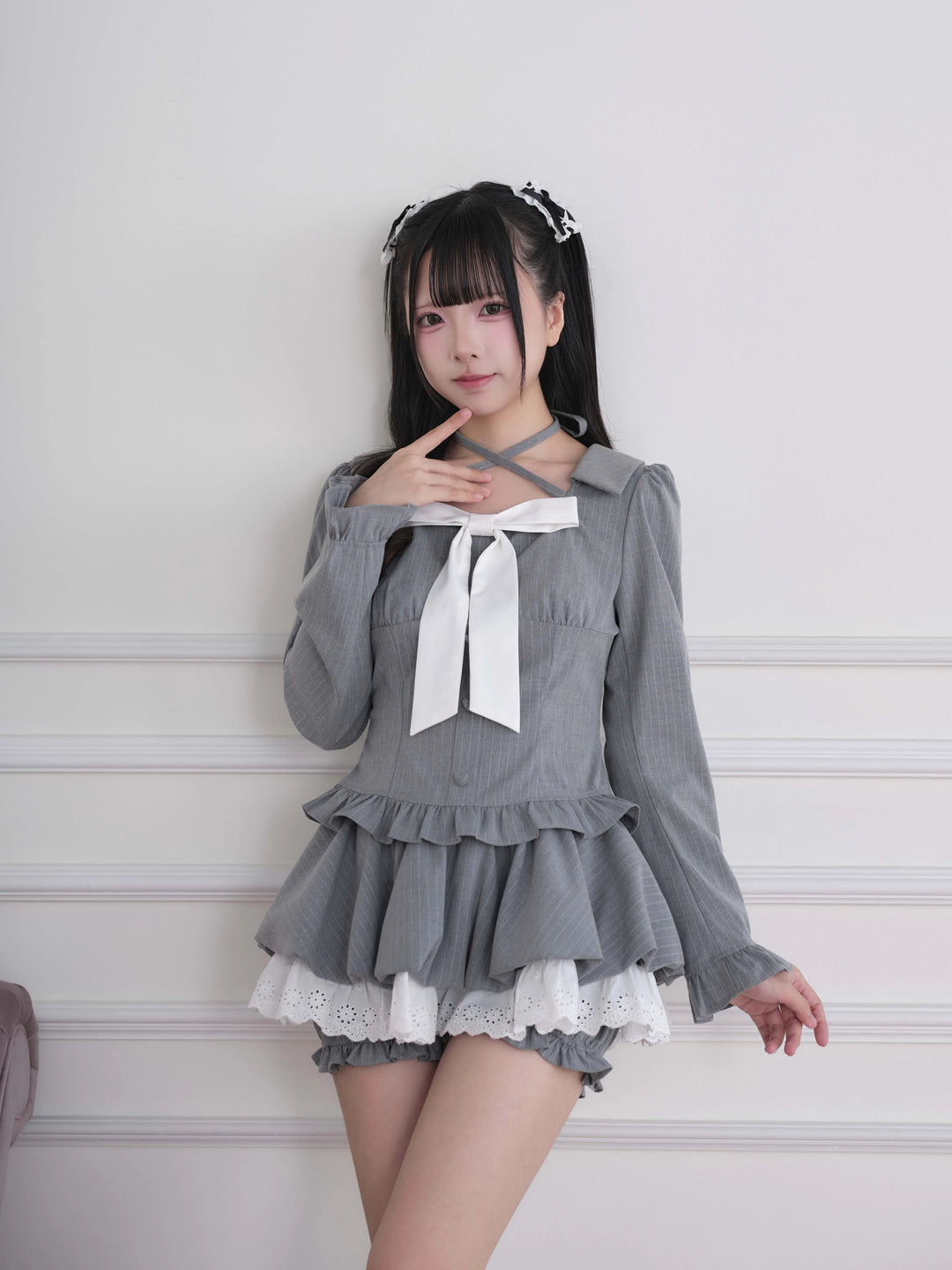 Ryousangata Plaid/Striped Dress & Shorts Set, Chest Big Bow (M S) 46031:873217