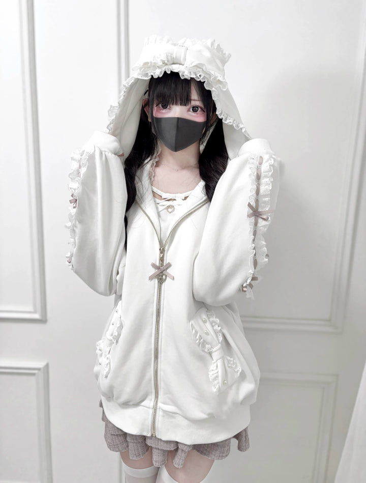 Jirai Kei Zip-Up Hoodie, Ruffle Lace and Bows 44176:800903