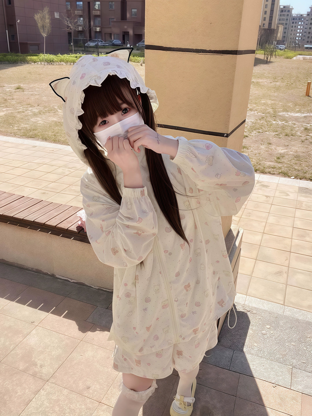 Kawaii Hooded Sunscreen Jacket with Cat Ears & Animal Prints 42905:759089