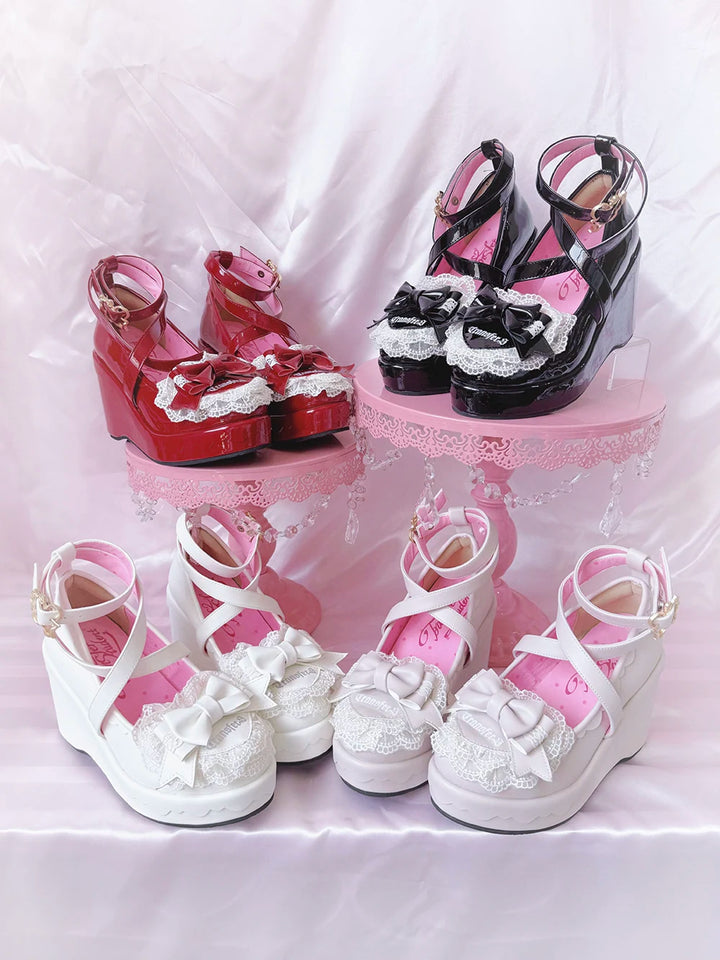Sweet Lolita Wedge Shoes, Heart & Bow Details 45951:872533