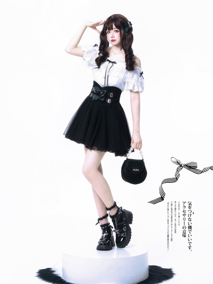 Jirai Kei Halter Neck Off-Shoulder Shirt and Lace Trim Skirt 42706:752707