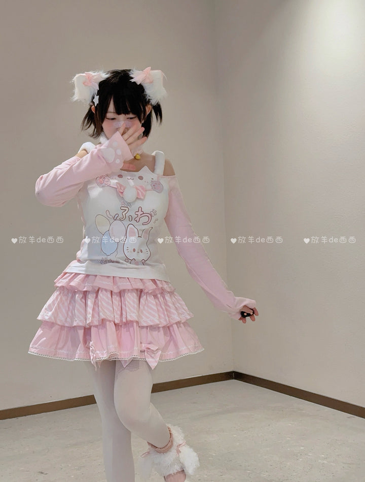 Kawaii Cat-Print Cotton Skirt Off-Shoulder Top with Choker (L S) 42812:754155