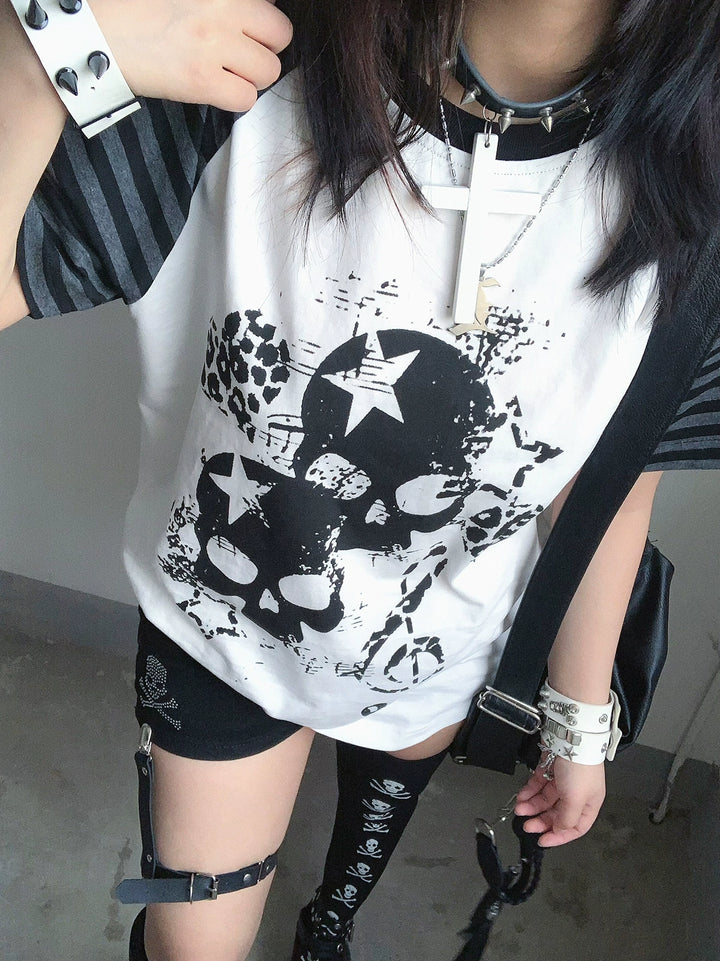 Cotton Subculture T-shirt, Gothic Skull & Leopard Heart Print 43225:771691