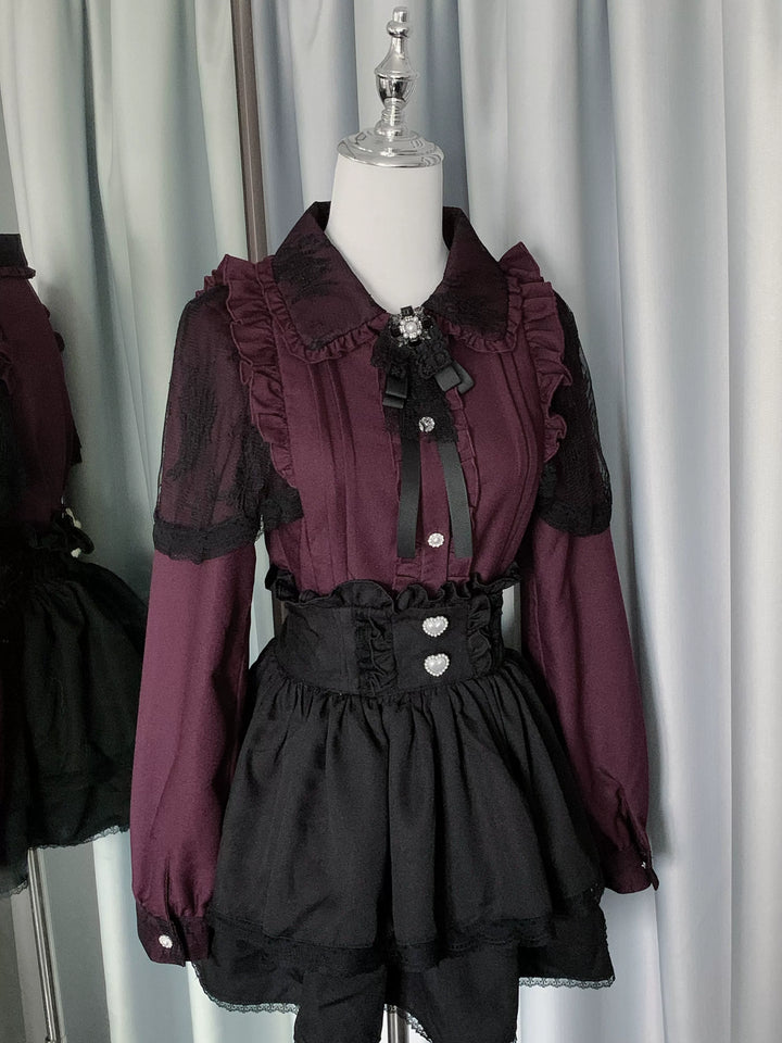 Jirai Kei Skirt Set Long Sleeve Lace Blouse And Skirt Set (L M S XL / L M S XL) 41034:685826
