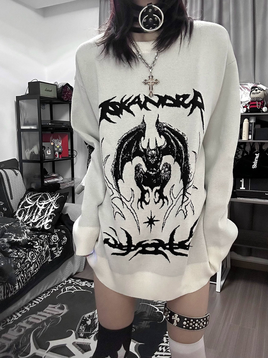 Punk Sweater White Bat Embroidered Sweater 39788:640194