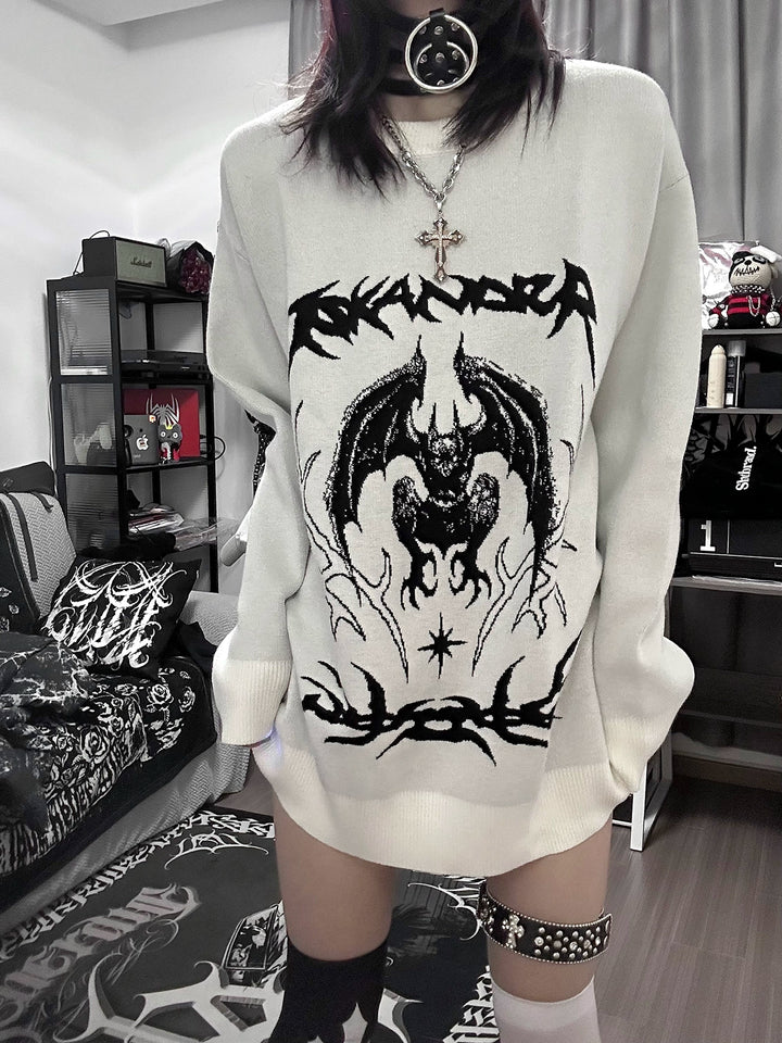 Punk Sweater White Bat Embroidered Sweater 39788:640194