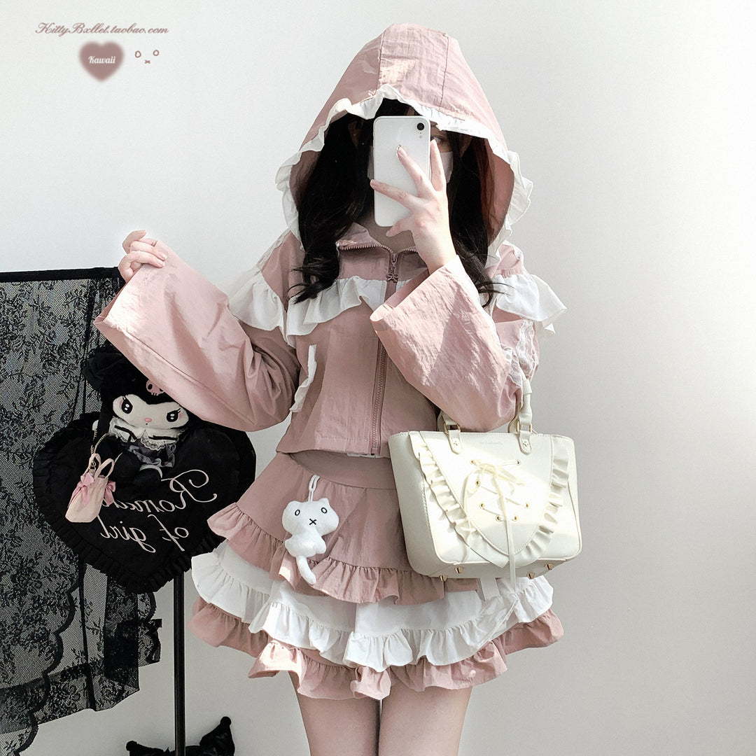 Jirai Kei Skirt Set Functional Hooded Jacket Sports Skirt 40410:669014