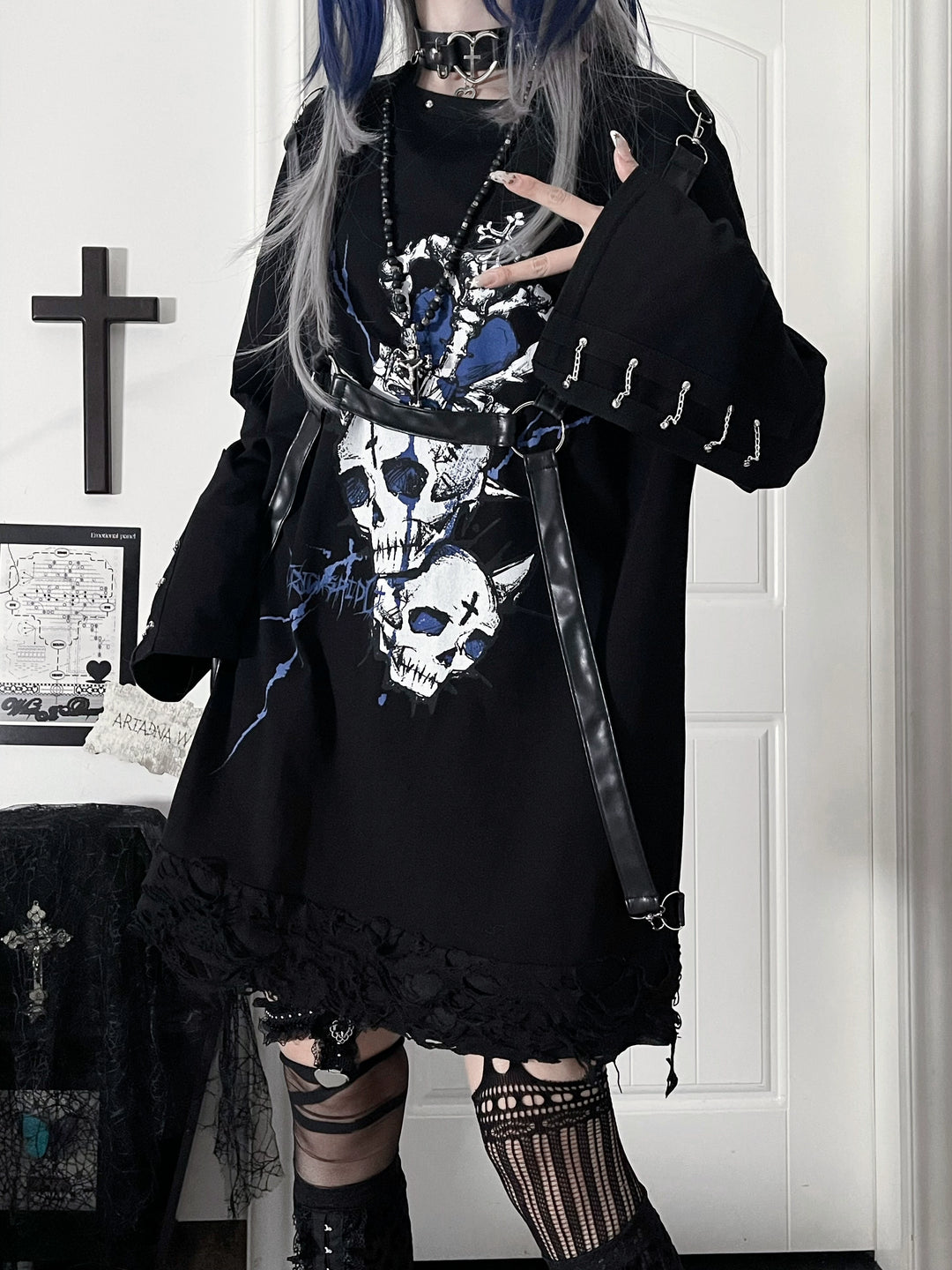 Gothic Printed Long Sleeve Tee, Detachable Strap 44336:804663