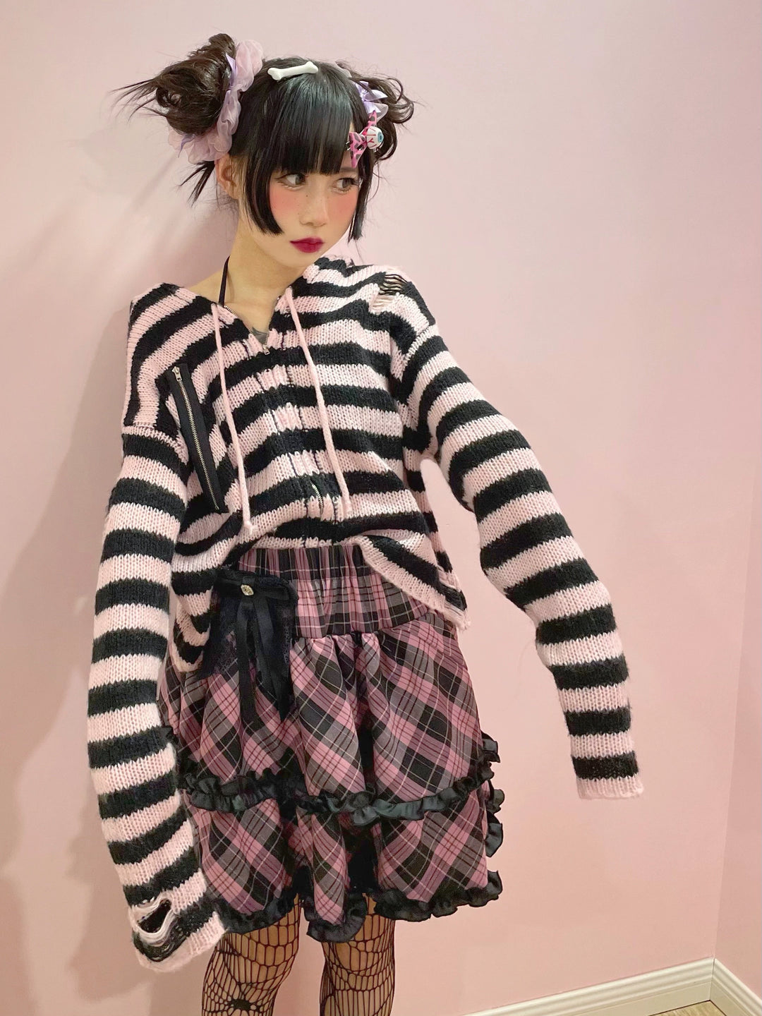 Punk Plaid Skirt Pink Blue Skirt Bow Layered Ruffle Skirt 33818:445956 33818:445956