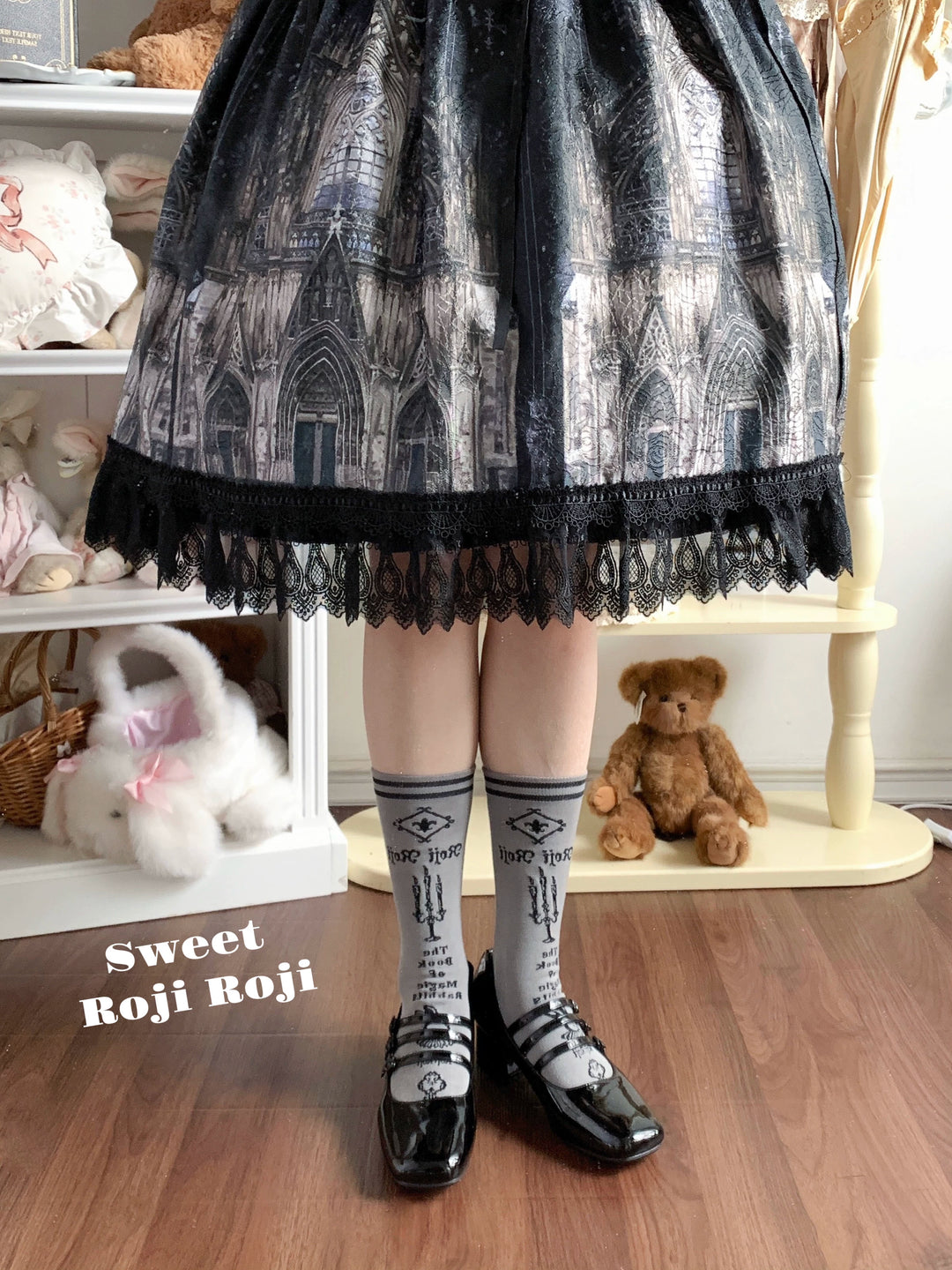 Lolita Cotton Mid-Calf Socks, Candle, Bunny & Key Patterns (Gray) 44714:822230