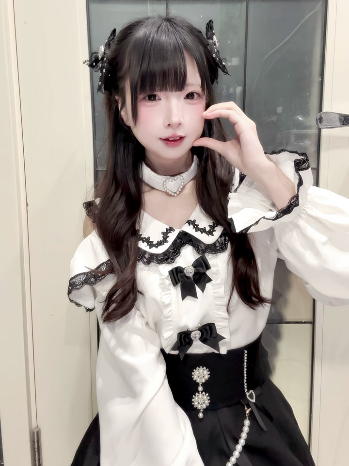 Jirai Kei Open-shoulder Blouse Black Skirt With Peal Chain 42164:734091