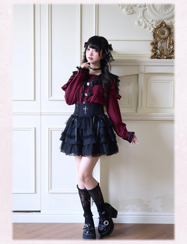 Sailor Collar Jirai Kei Blouse with Tulle Shoulder and Lace Frill 42523:744432