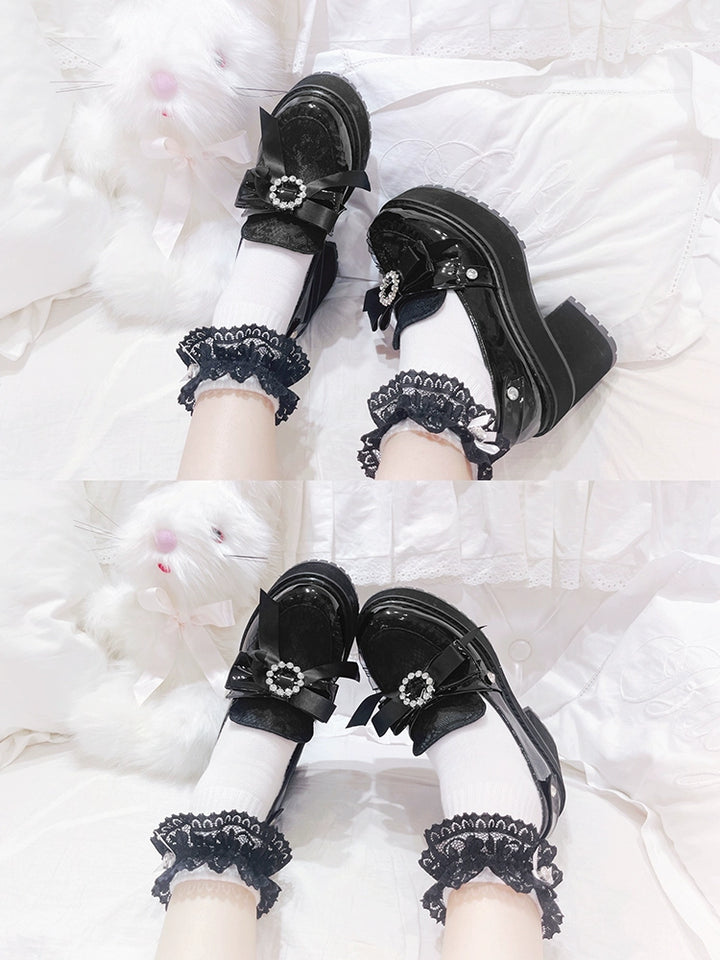 Jirai Kei Shoes Bow Tie Rhinestone Platforms High-heel Shoes 38516:590854