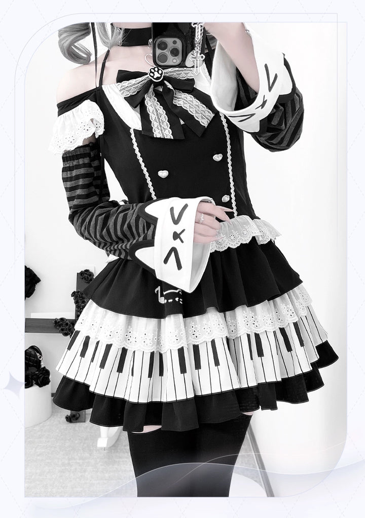 Halter Neck Kawaii Skirt Set, Cat and Piano Print 43577:780191
