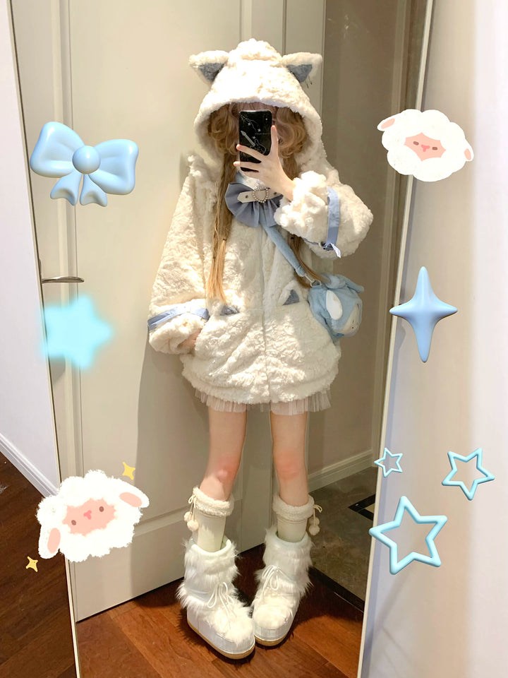 Jirai Kei Coat Cat Ear Hood Jacket Fleece Coat 39958:646704