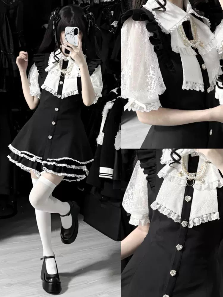 Plaid/Black Jirai Kei Dress Set, Lace Sleeve, Pearl Chain 43241:774469