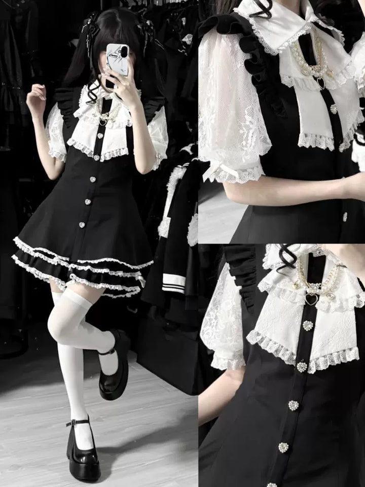 Plaid/Black Jirai Kei Dress Set, Lace Sleeve, Pearl Chain 43241:774469