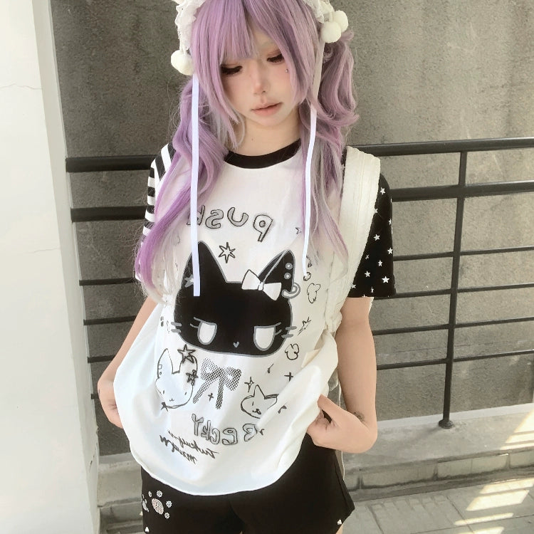 Kawaii Otaku Anime Cat Print Cotton Shirt Black & White 42851:755321