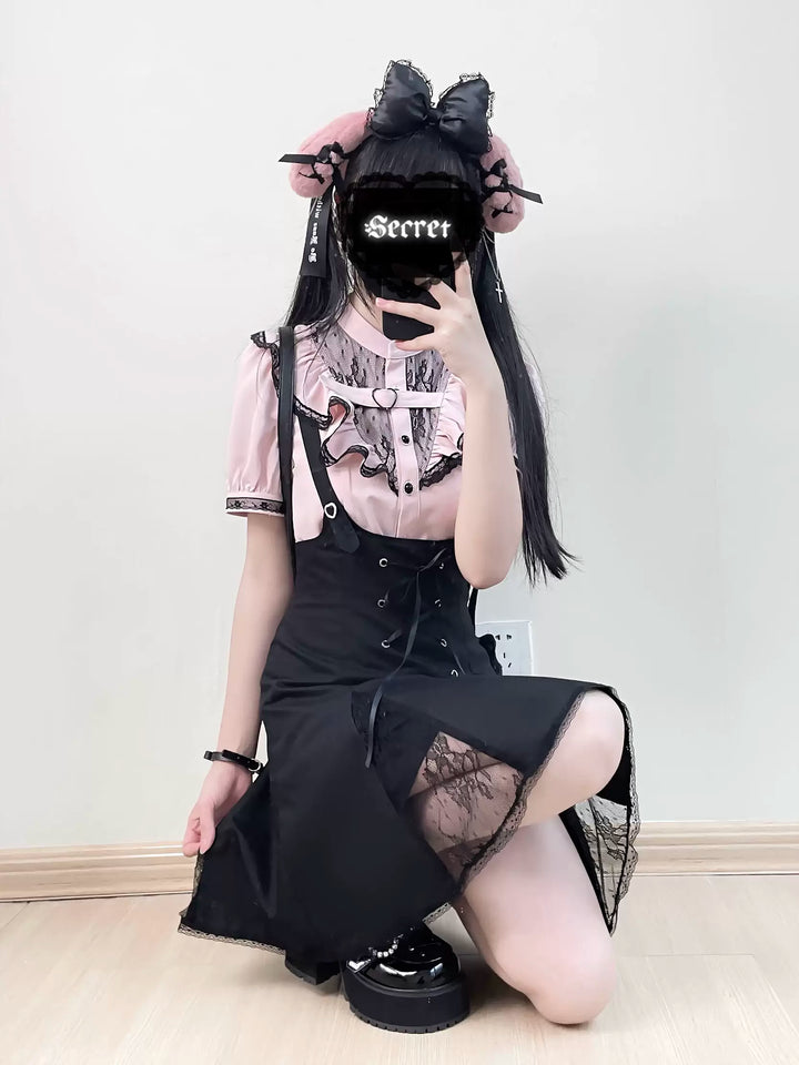 Jirai Kei Bi-color Blouse, Suspender Skirt Set 21976:582308